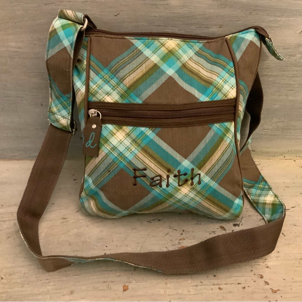 Thirty-One “Faith” Brown Aqua‎ Blue Plaid Crossbody Bag Purse 10x11 Like New